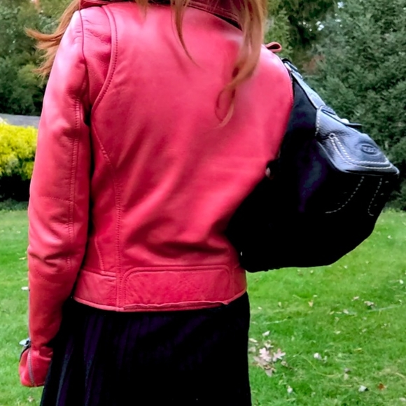 Balenciaga Designer Luxury Red Leather Moto Jacket- Small - Picture 12 of 15
